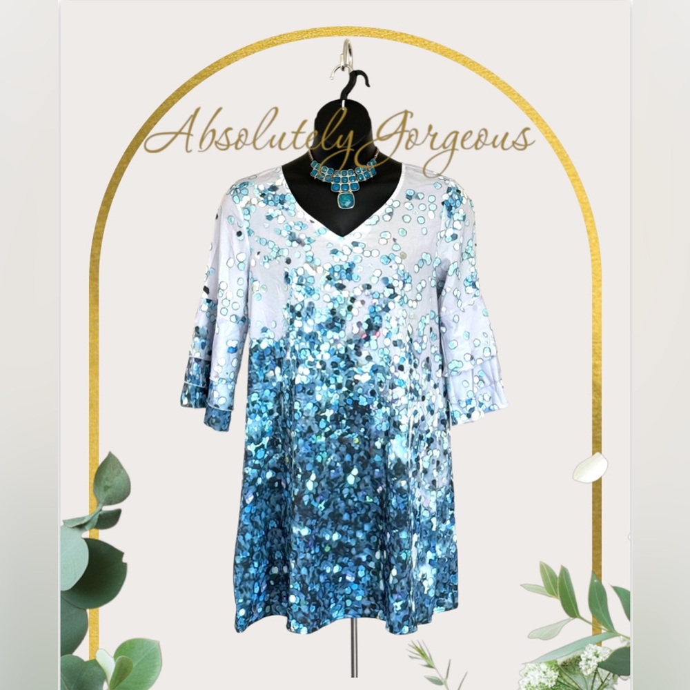 NWT Blue Polka Dots XL Long Slv V Neck Blouse Shirt Tunic Top Dress